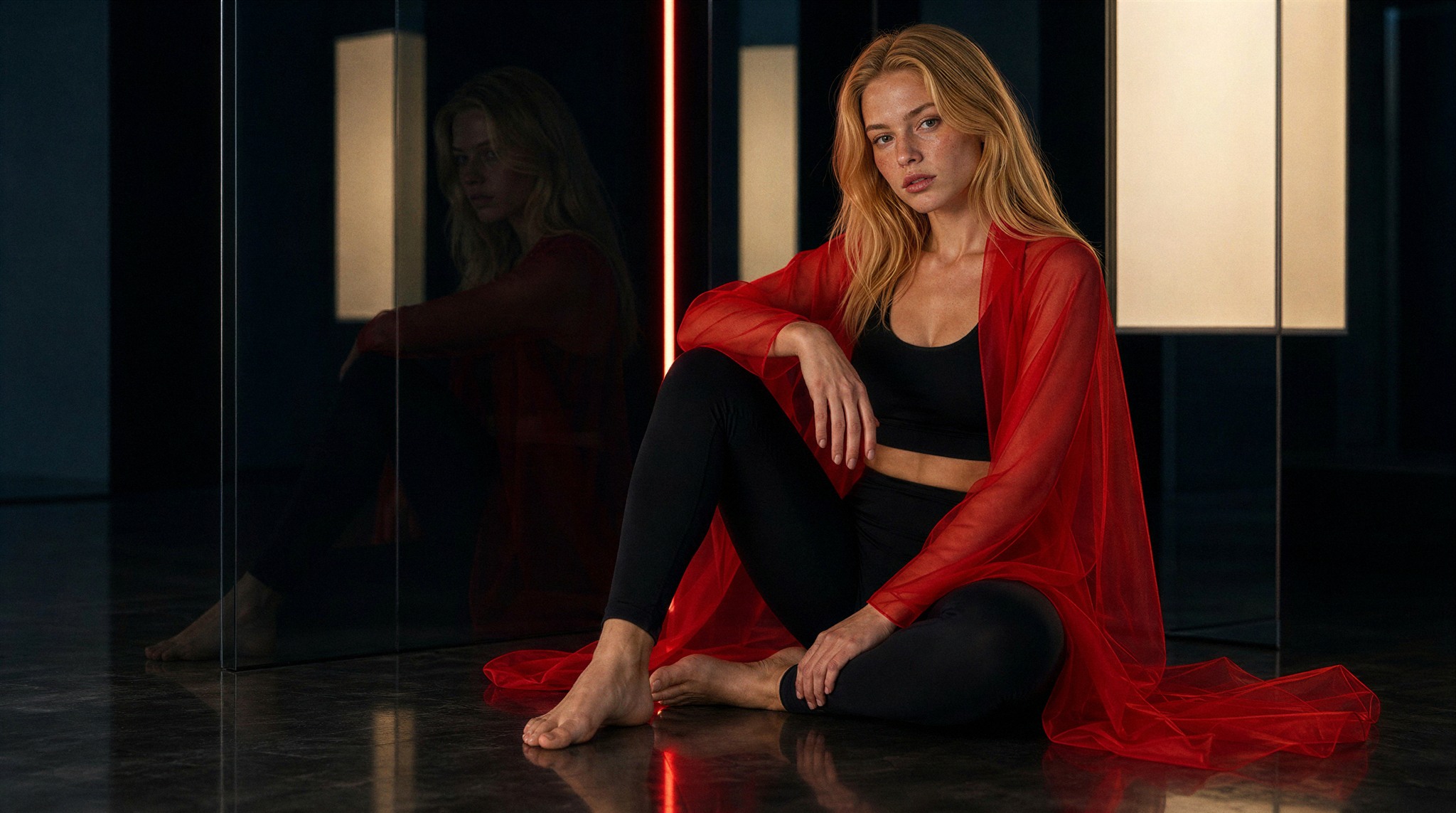 Seated Red Reflection editorial frame